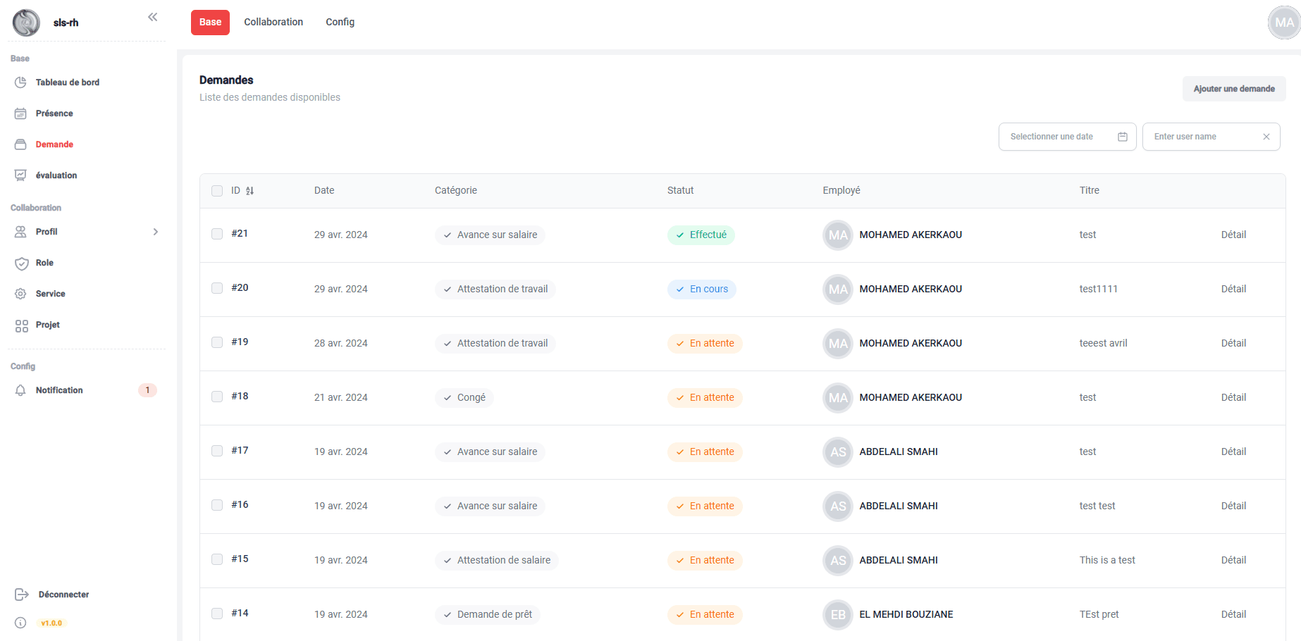 Interface de gestion des demandes de congés avec workflow d'approbation