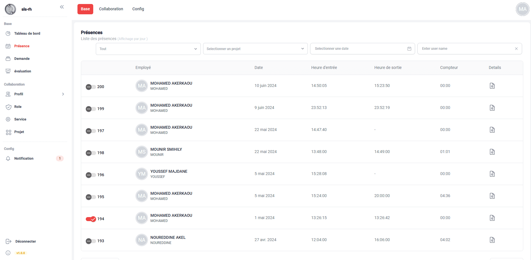 Interface du module de pointage web montrant l'enregistrement des présences depuis un navigateur